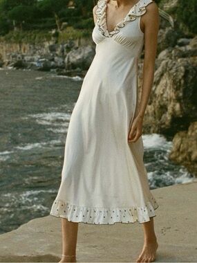 Anthropologie Cream Ruffle V-Neck Slip Dress